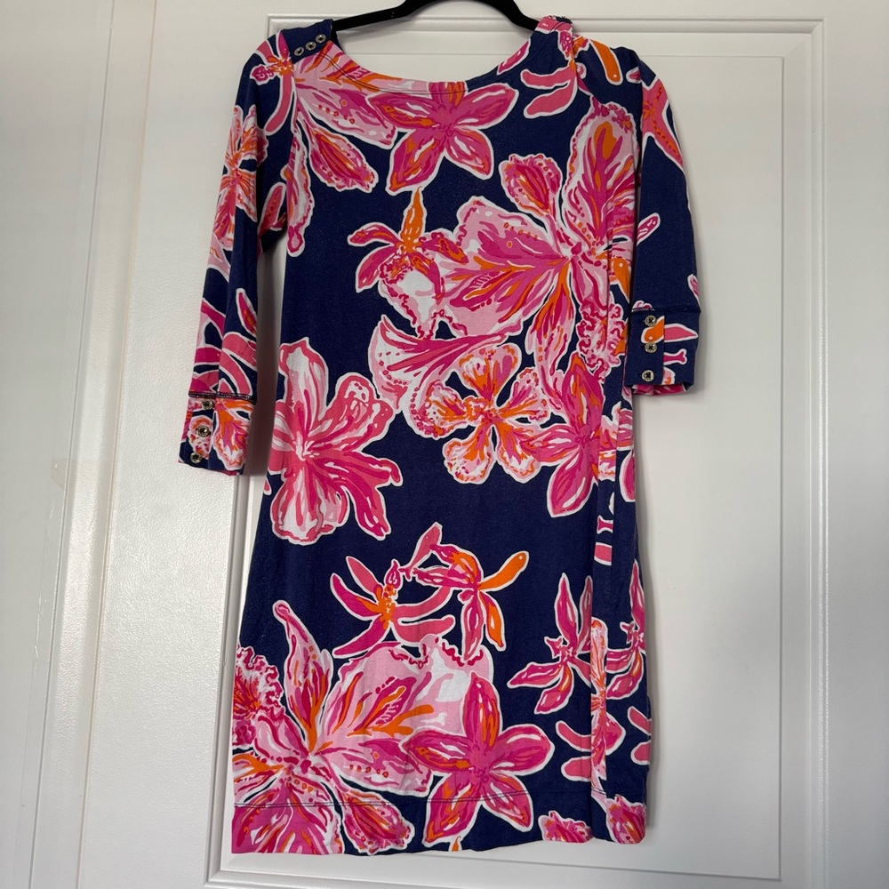 Lilly Pulitzer Blue and Pink Sheath Dress 3/4 Sleeve Resort Wear
